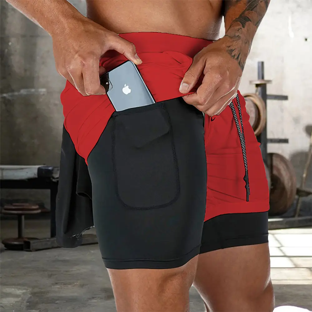 Men's Double Layer Fitness Shorts Drawstring Mesh Lining Elastic Waist Breathable Quick Dry Sportswear Jogger Short Male