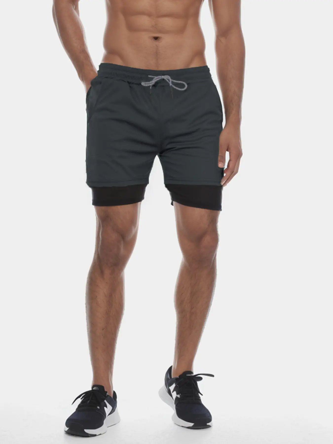 Men's 2-in-1 Sports Fitness Shorts Drawstring Mesh Lining Elastic Waist Breathable Quick Dry Training Double Layered Shorts