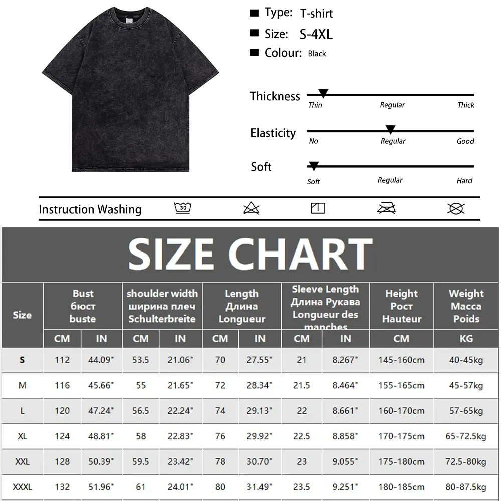 T Shirt for Men Summer Short Sleeve Tee 100% Cotton Black Washed Tee Punk Emo Rock Fashion Oversized Crew Neck Top Clothing