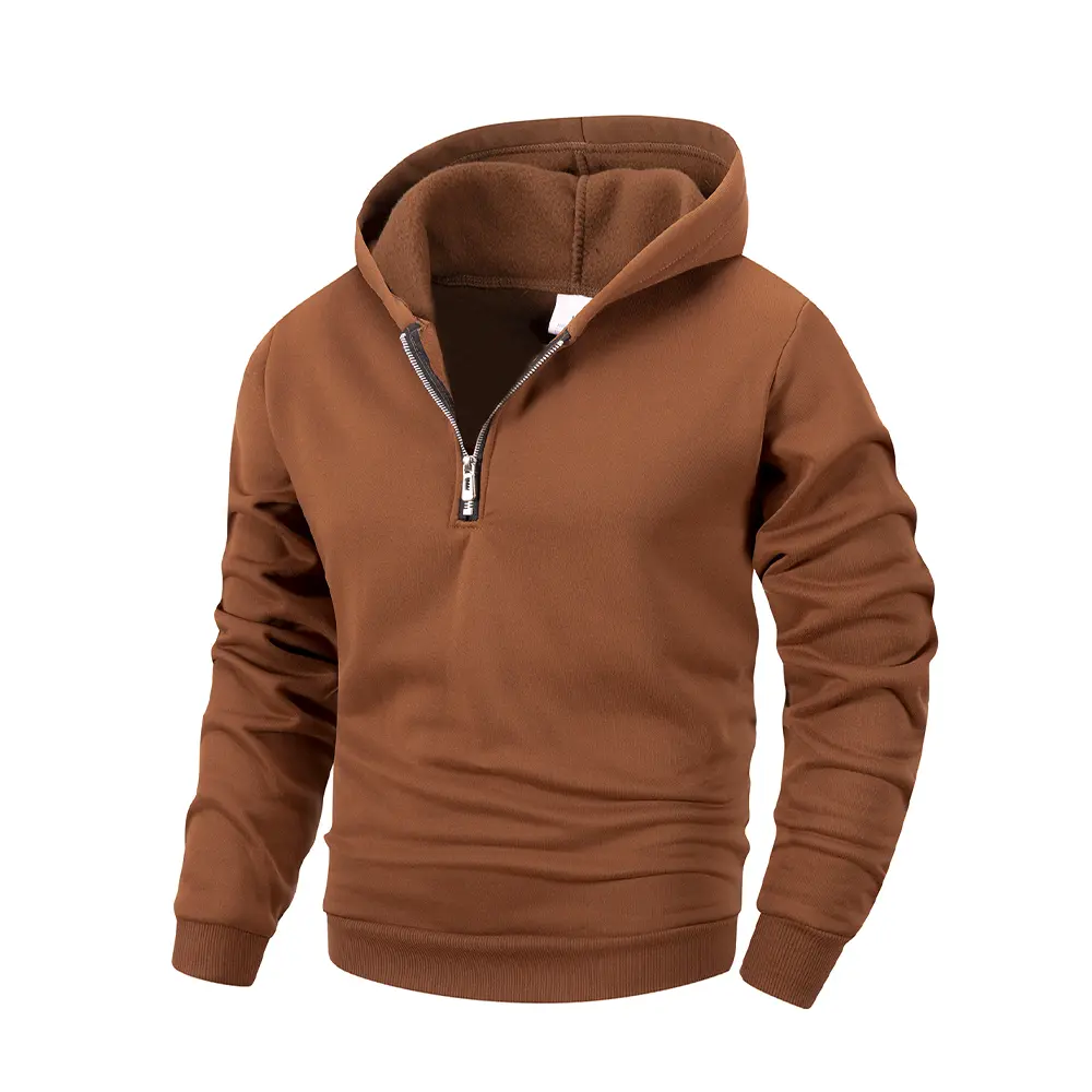 Men's Half Zipper Hooded Sweatshirts Solid Color Long Sleeve Streetwear Warm Jacket Casual Loose Pullover Fashion Sweatshirt Top