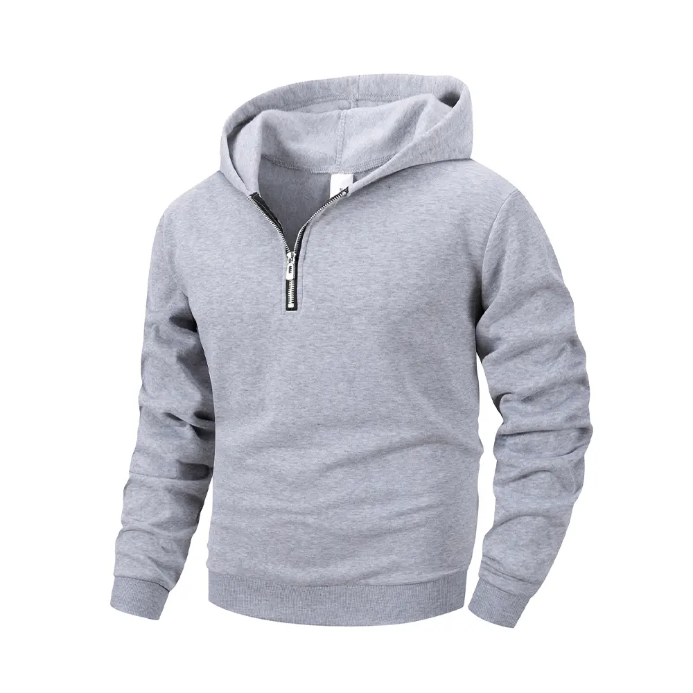 Men's Half Zipper Hooded Sweatshirts Solid Color Long Sleeve Streetwear Warm Jacket Casual Loose Pullover Fashion Sweatshirt Top