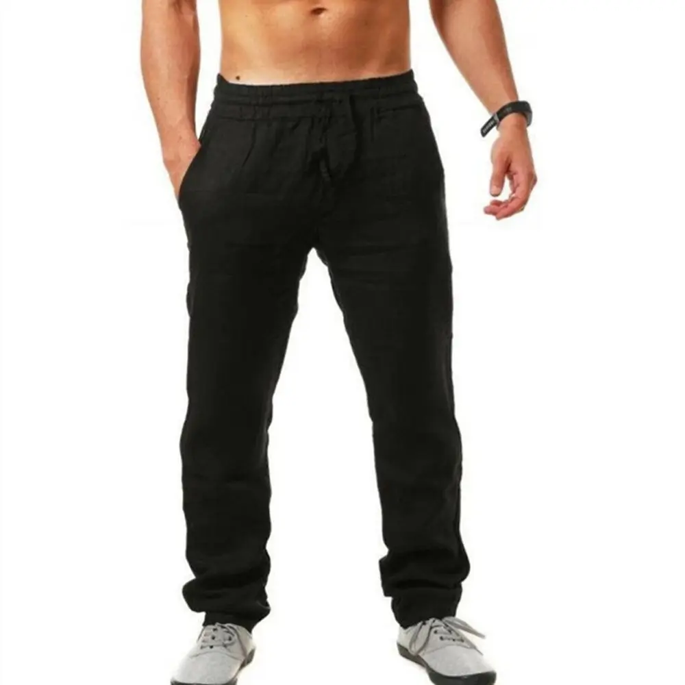 Men's Cotton Linen Pants Male Autumn New Soft Breathable Solid Color Linen Trousers Causal Elastic Waist Loose Long Pants