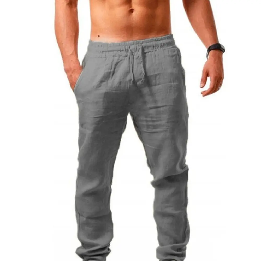 Men's Cotton Linen Pants Male Autumn New Soft Breathable Solid Color Linen Trousers Causal Elastic Waist Loose Long Pants