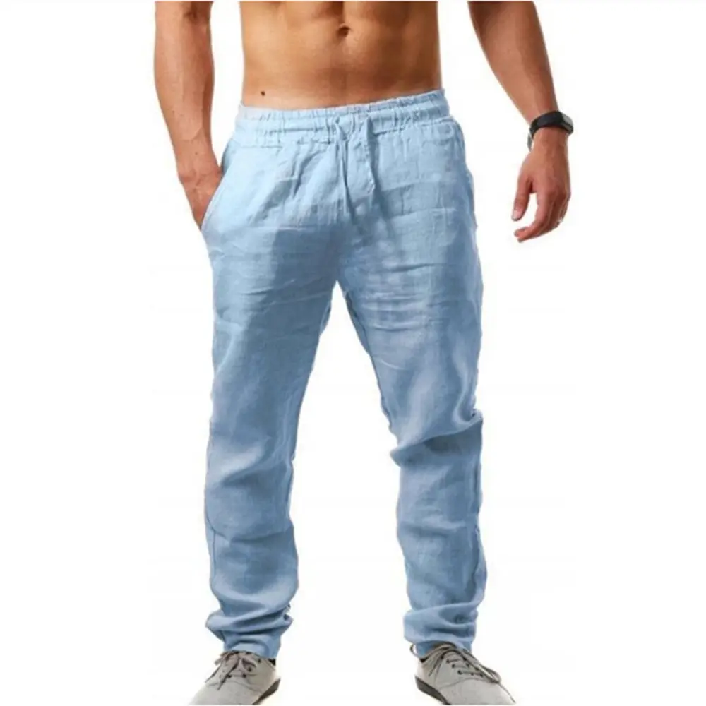 Men's Cotton Linen Pants Male Autumn New Soft Breathable Solid Color Linen Trousers Causal Elastic Waist Loose Long Pants