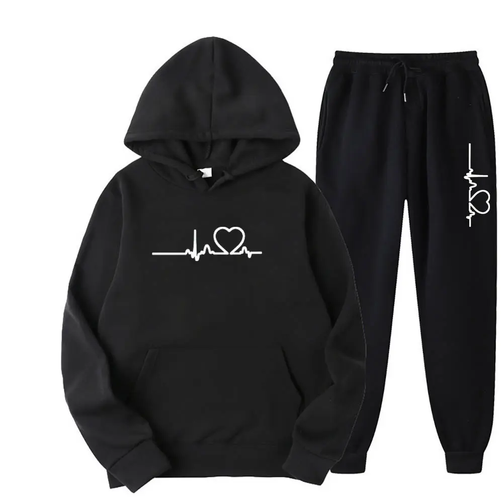 Men And Women Plus Fleece Hoodie Set Autumn And Winter Men's Heart Figure Hoodie Trend Casual Men's Printed Jogging Suit