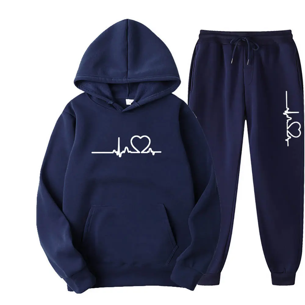 Men And Women Plus Fleece Hoodie Set Autumn And Winter Men's Heart Figure Hoodie Trend Casual Men's Printed Jogging Suit