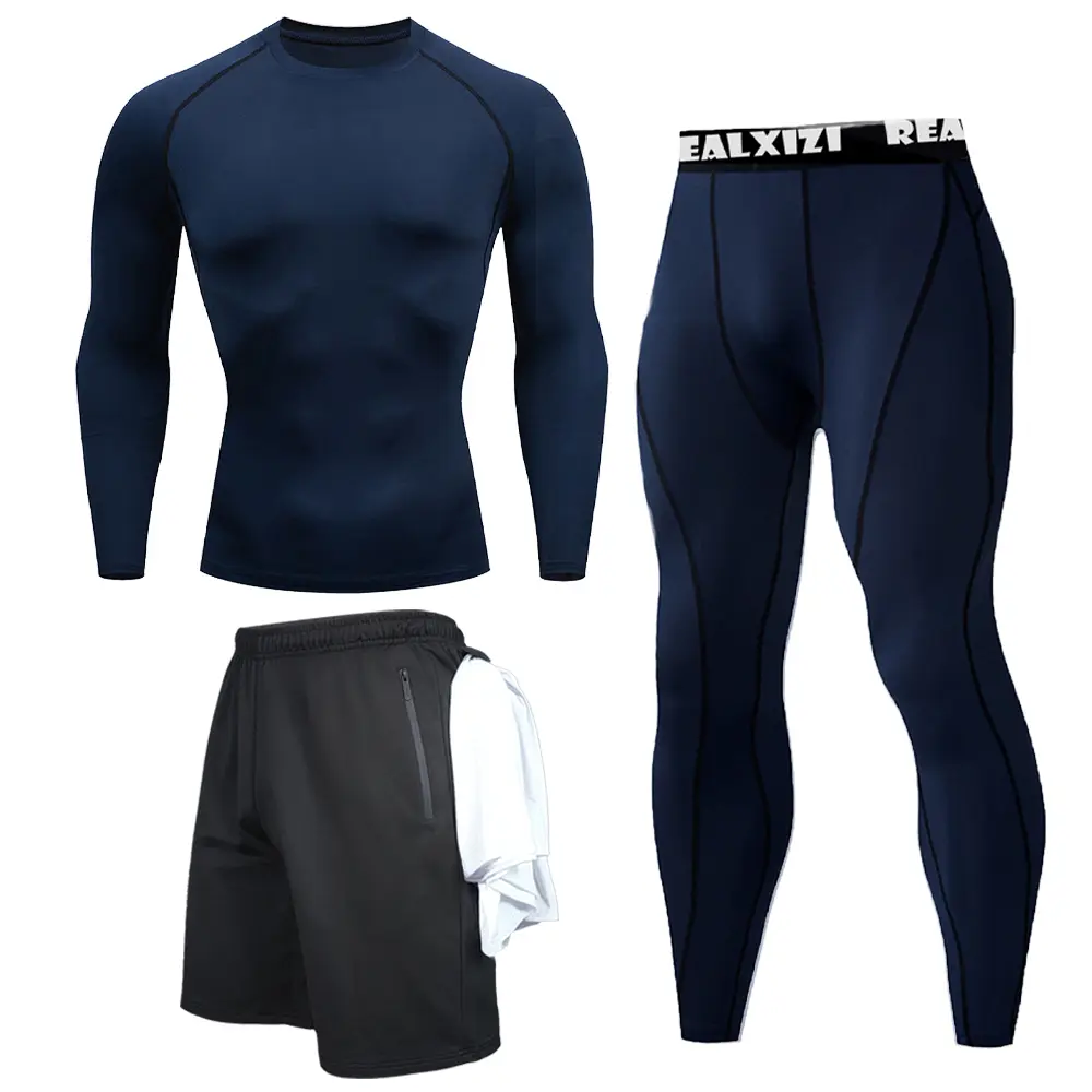 Men's Boxing Compression Set Long Sleeve Gym Top + Fitness Pants + Athletic Shorts Quick Drying Fitness Three-piece Set