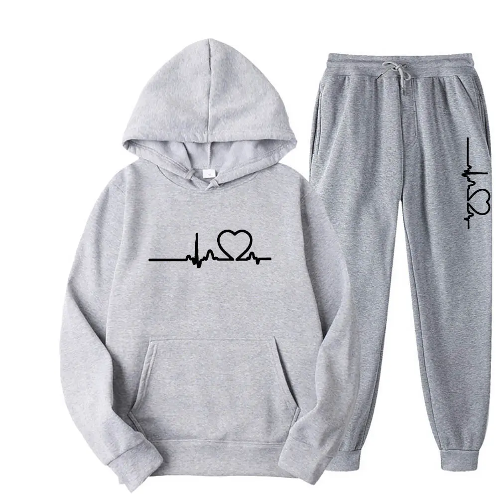 Men And Women Plus Fleece Hoodie Set Autumn And Winter Men's Heart Figure Hoodie Trend Casual Men's Printed Jogging Suit