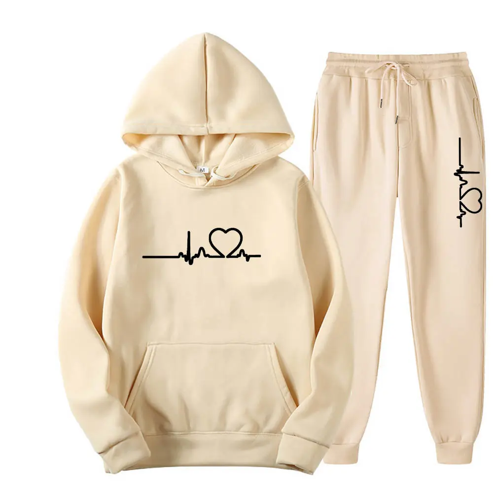 Men And Women Plus Fleece Hoodie Set Autumn And Winter Men's Heart Figure Hoodie Trend Casual Men's Printed Jogging Suit