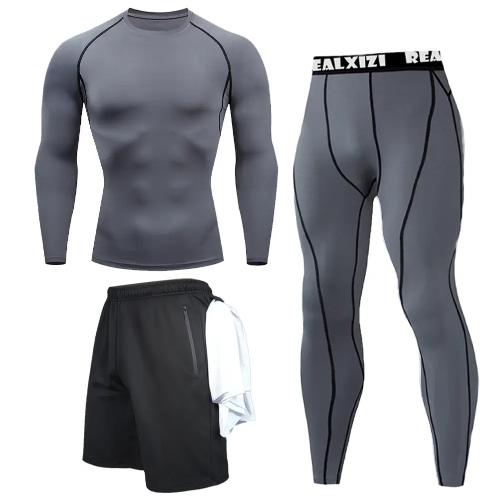 Men's Boxing Compression Set Long Sleeve Gym Top + Fitness Pants + Athletic Shorts Quick Drying Fitness Three-piece Set