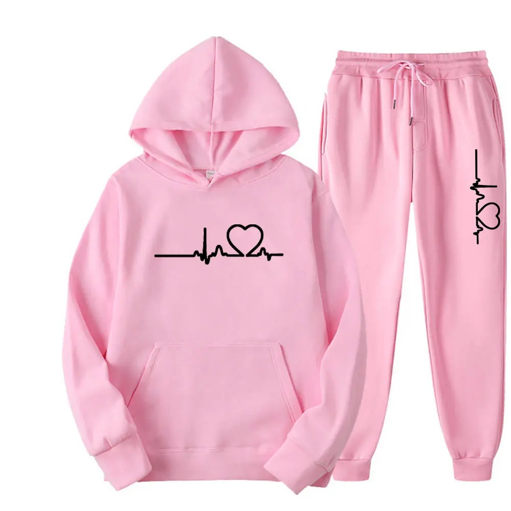 Men And Women Plus Fleece Hoodie Set Autumn And Winter Men's Heart Figure Hoodie Trend Casual Men's Printed Jogging Suit