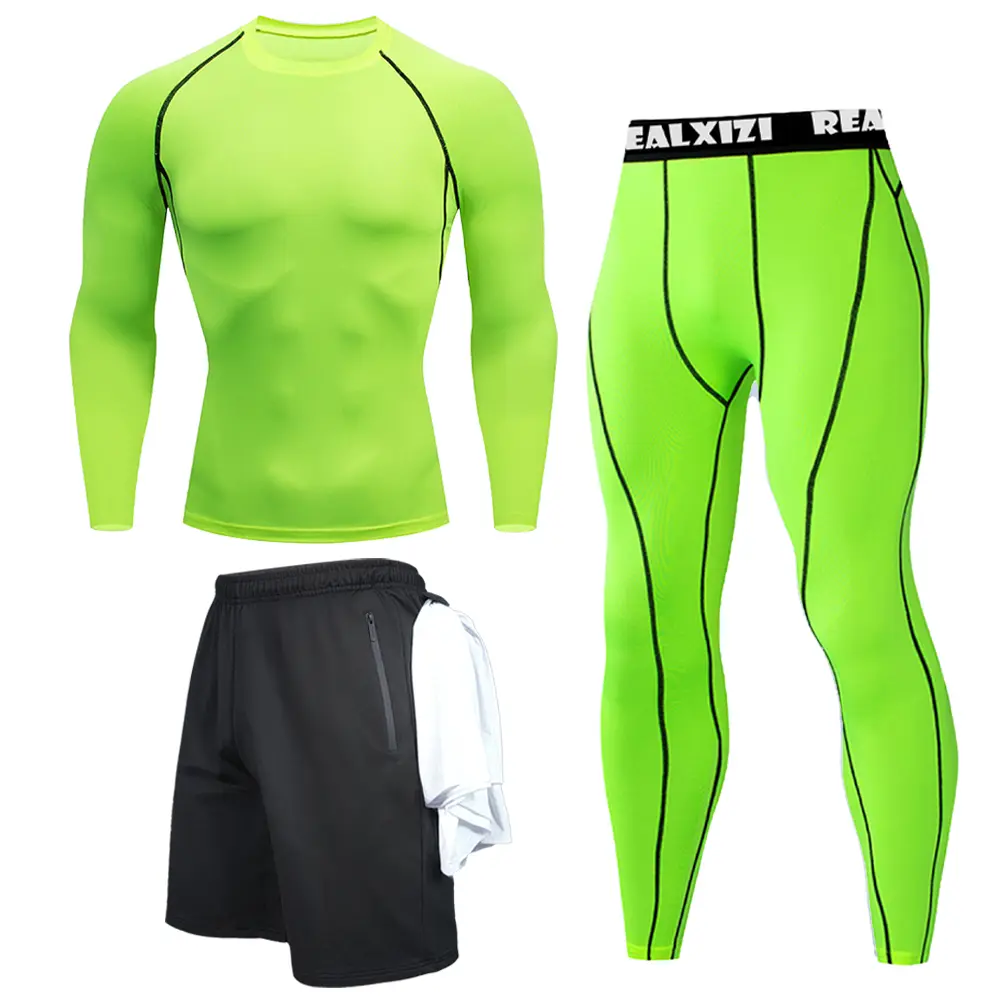 Men's Boxing Compression Set Long Sleeve Gym Top + Fitness Pants + Athletic Shorts Quick Drying Fitness Three-piece Set