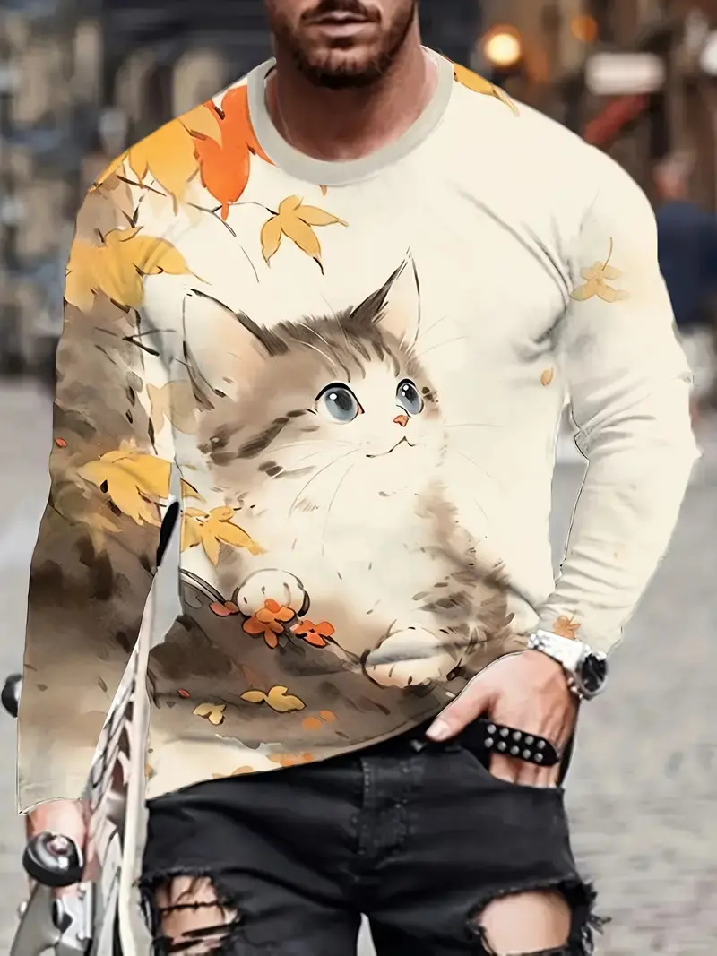 Spring And Autumn 3d Printed Cute Cat Long Sleeve T Shirt For Men Casual Clothing Animal Pattern Top Tees Tshirt Kids Streetwear