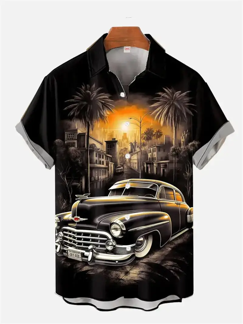 Vintage Car Graphic Hawaii Beach Shirt Men 3D Print Retro Tropic Coconut Tree Short Sleeve Shirts Fashion Hrajuku Women Clothing