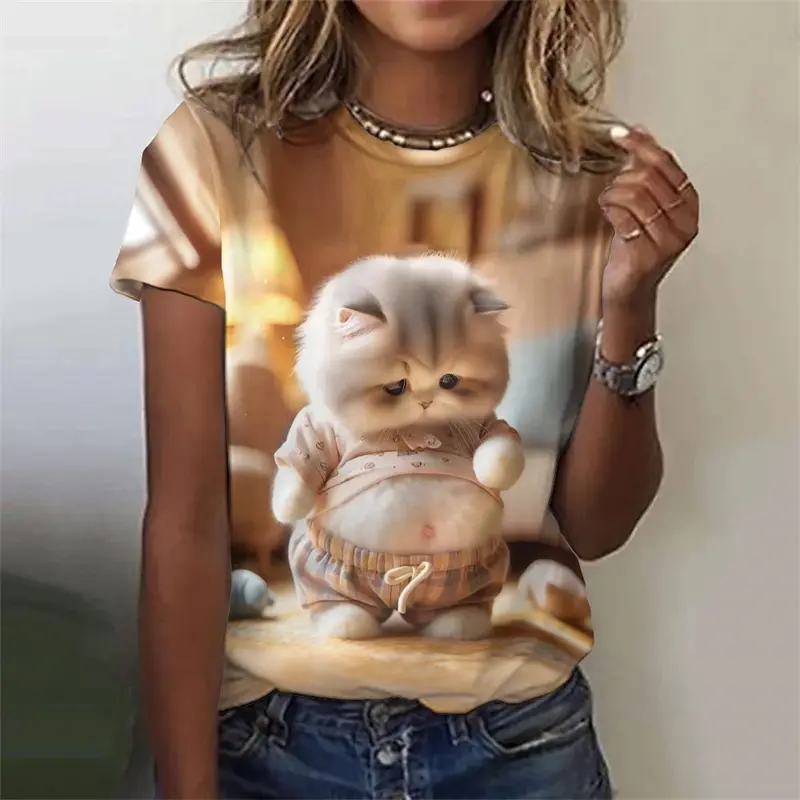 Funny Fat Cat 3D Printed T Shirts For Woman Girls Cute Animal Print Tees Tops Female Casual Streetwear Y2K Harajuku Clothing