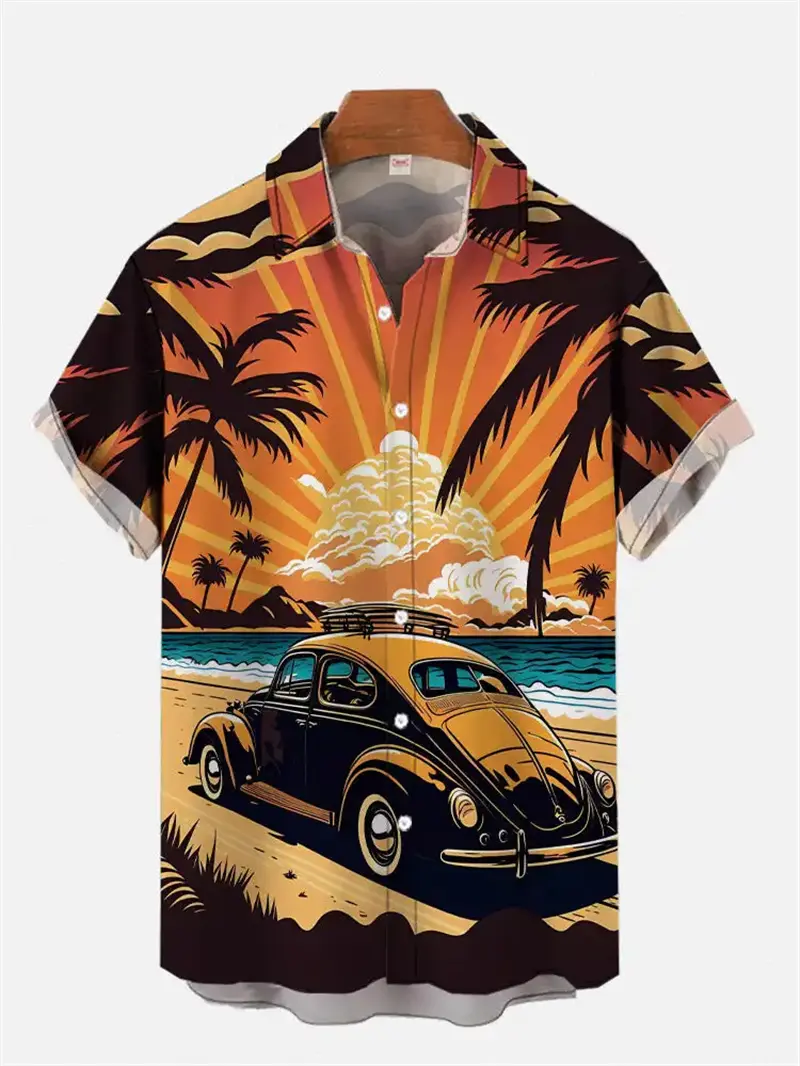 Vintage Car Graphic Hawaii Beach Shirt Men 3D Print Retro Tropic Coconut Tree Short Sleeve Shirts Fashion Hrajuku Women Clothing