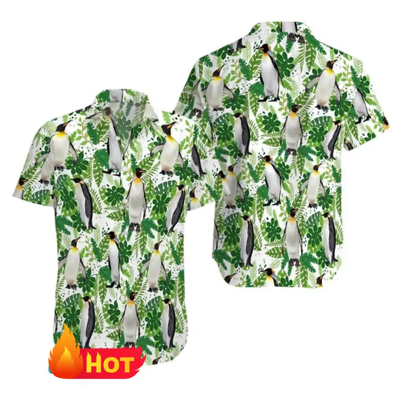 New Men's Hawaiian Shirt 3D Cute Penguin Print Beach Short Sleeve Women Spring Summer Casual Button Up Lapel Blouse Men Clothing