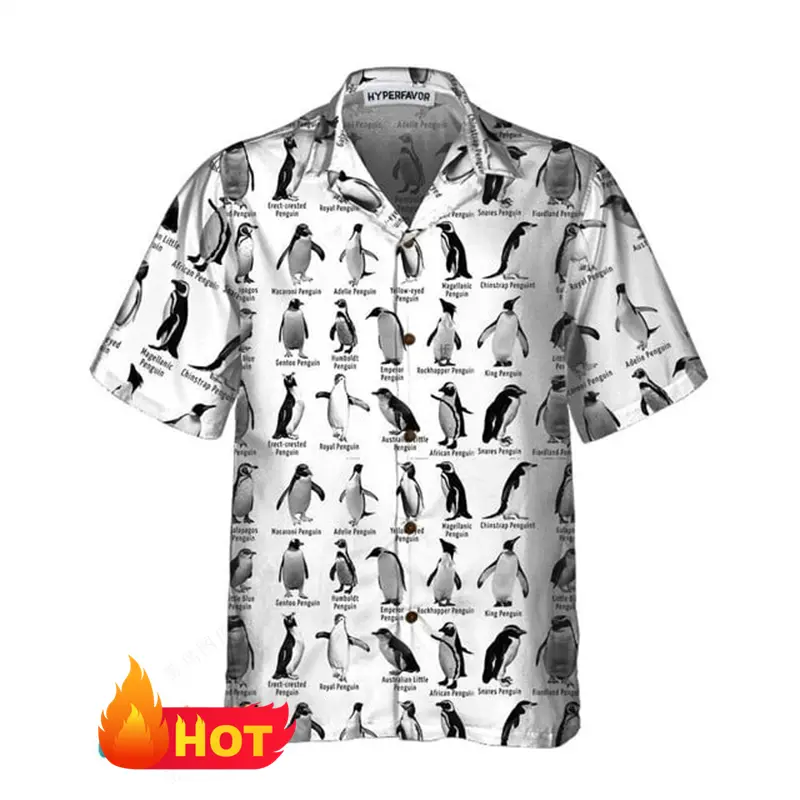 New Men's Hawaiian Shirt 3D Cute Penguin Print Beach Short Sleeve Women Spring Summer Casual Button Up Lapel Blouse Men Clothing