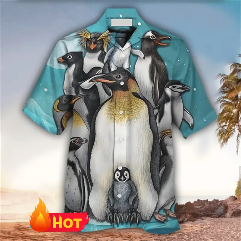 New Men's Hawaiian Shirt 3D Cute Penguin Print Beach Short Sleeve Women Spring Summer Casual Button Up Lapel Blouse Men Clothing