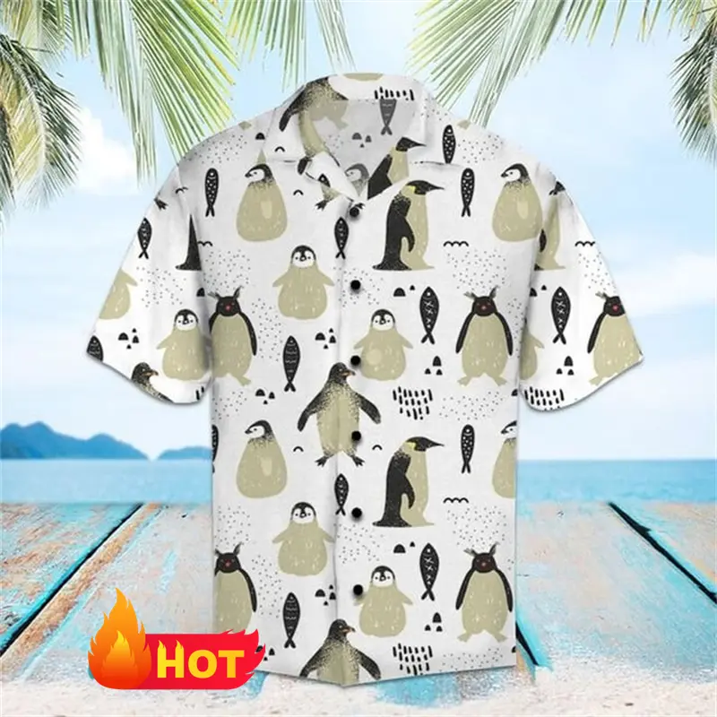 New Men's Hawaiian Shirt 3D Cute Penguin Print Beach Short Sleeve Women Spring Summer Casual Button Up Lapel Blouse Men Clothing