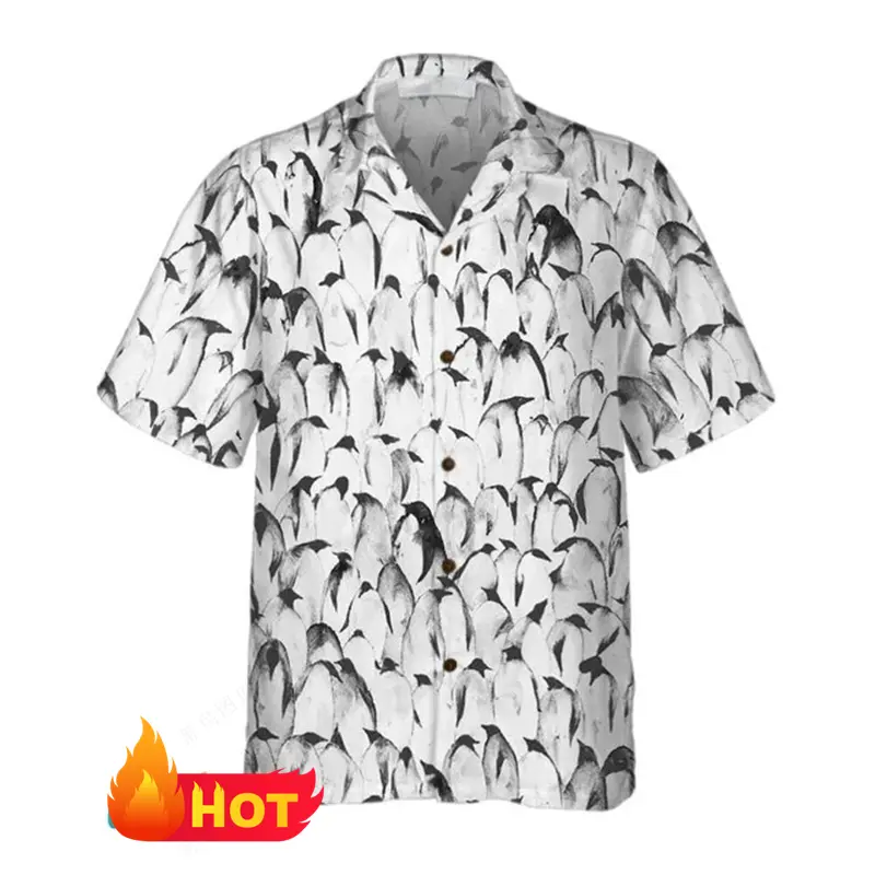 New Men's Hawaiian Shirt 3D Cute Penguin Print Beach Short Sleeve Women Spring Summer Casual Button Up Lapel Blouse Men Clothing