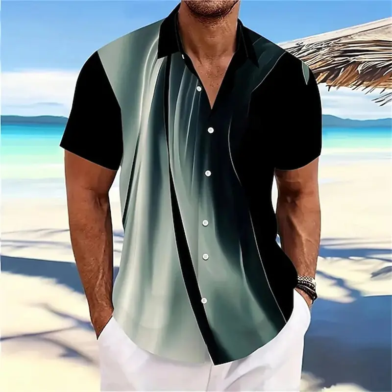 Classic Men's Geometric Line Graphic Printed Shirt Summer Tops Button Shirts Short Sleeve Fashion Summer Women Casual Blouse