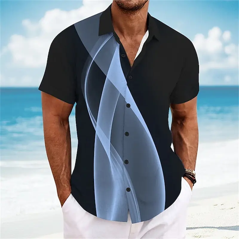 Classic Men's Geometric Line Graphic Printed Shirt Summer Tops Button Shirts Short Sleeve Fashion Summer Women Casual Blouse