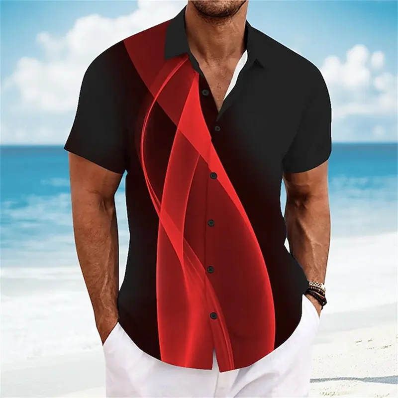 Classic Men's Geometric Line Graphic Printed Shirt Summer Tops Button Shirts Short Sleeve Fashion Summer Women Casual Blouse