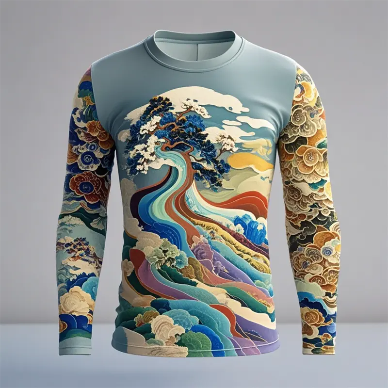 Novelty Men's Ukiyoe Long-sleeved T-shirt 3D Printing Retro Harajuku Pattern Printing Men Autumn Casual Round Neck Kids Clothes