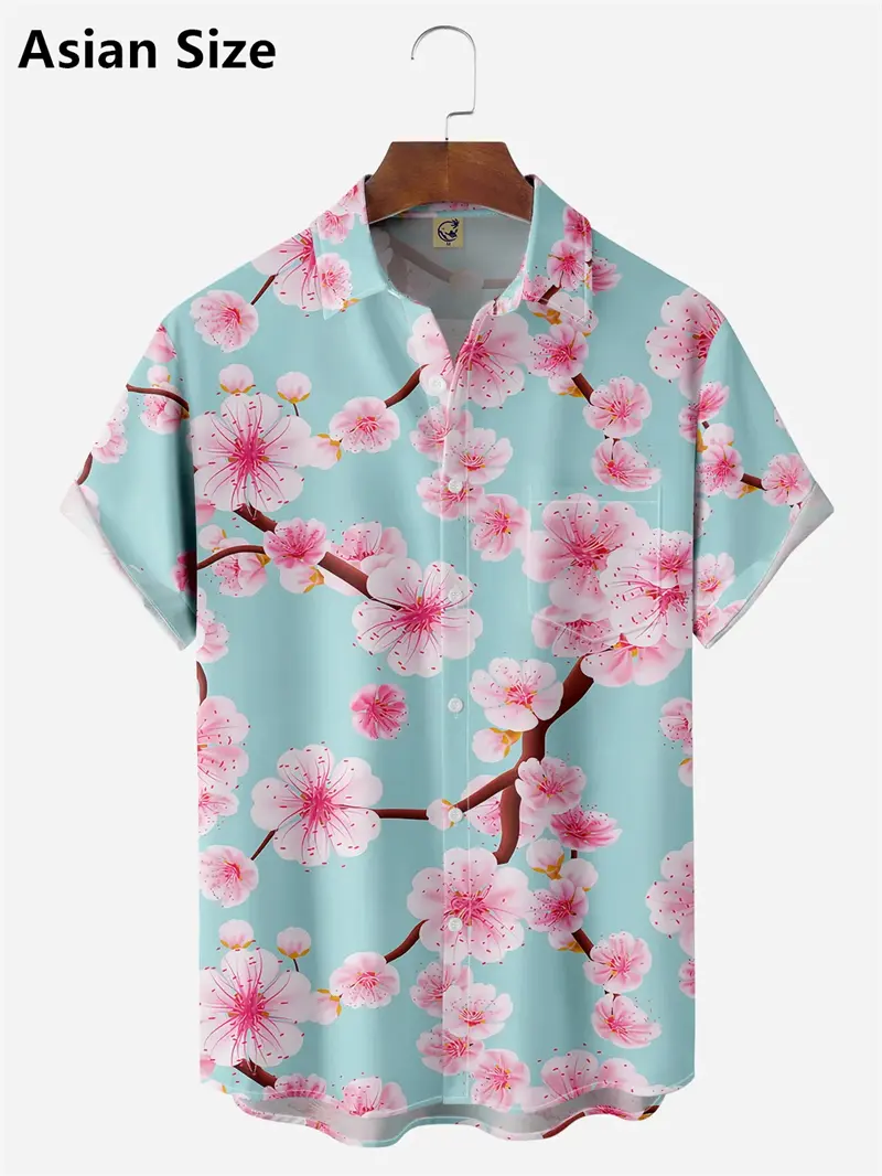 Japanese Style Cherry Blossom Pattern Men Shirt 3D Printing Reteo Hawaiian Beach Shirt New Outdoor Casual Short Sleeved Blouse