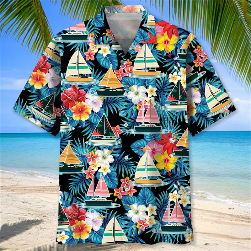 2025 New Sailboat Graphic Men's Shirt Summer Hawaiian Shirt 3D Print Summer Short Sleeve Beach Shirts Blouse Camisas De Hombre