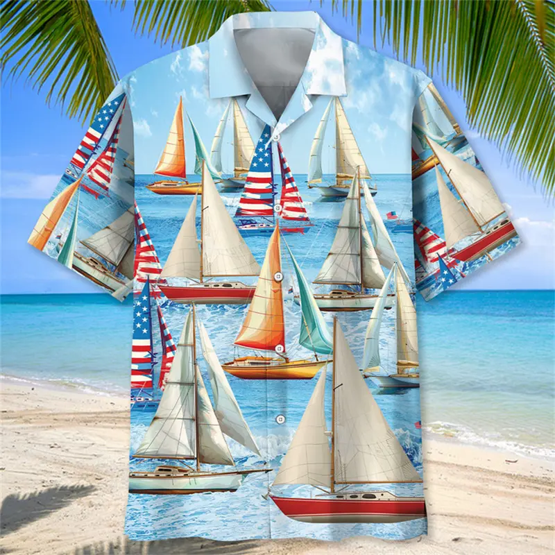 2025 New Sailboat Graphic Men's Shirt Summer Hawaiian Shirt 3D Print Summer Short Sleeve Beach Shirts Blouse Camisas De Hombre