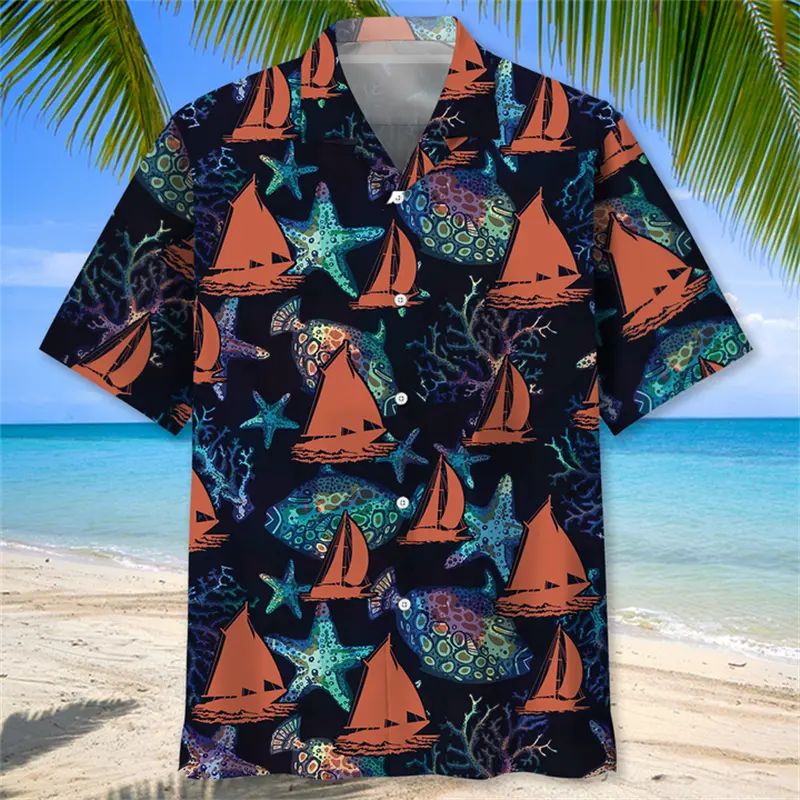 2025 New Sailboat Graphic Men's Shirt Summer Hawaiian Shirt 3D Print Summer Short Sleeve Beach Shirts Blouse Camisas De Hombre
