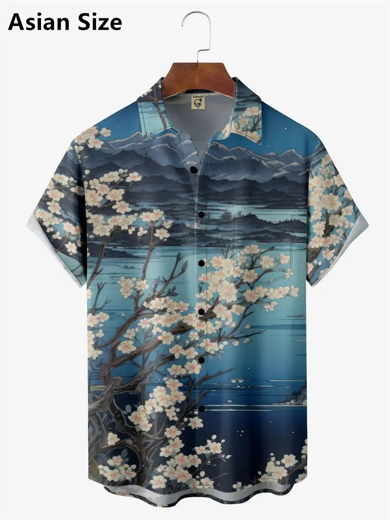 Japanese Style Cherry Blossom Pattern Men Shirt 3D Printing Reteo Hawaiian Beach Shirt New Outdoor Casual Short Sleeved Blouse