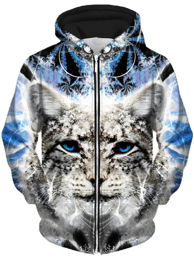 Cool Animal Graphic Zip Up Hoodies Men Hip Pop 3D Print Zipper Sweatshirts Casual Overcoat Loose Fashion Outdoor Sportwear Coat