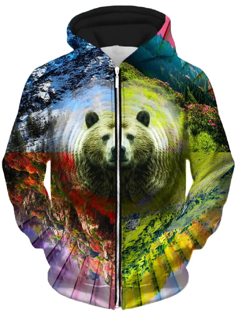 Cool Animal Graphic Zip Up Hoodies Men Hip Pop 3D Print Zipper Sweatshirts Casual Overcoat Loose Fashion Outdoor Sportwear Coat