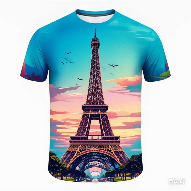 2024 France Paris Eiffel Tower 3D Print Summer Tees Streetwear Crew Neck Short Sleeve Casual Oversized Men Women Kids Tops