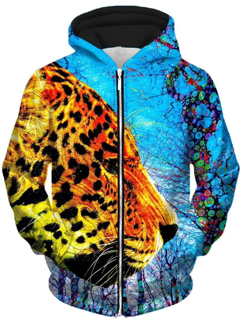 Cool Animal Graphic Zip Up Hoodies Men Hip Pop 3D Print Zipper Sweatshirts Casual Overcoat Loose Fashion Outdoor Sportwear Coat