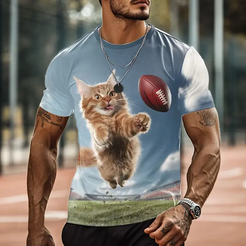 Summer Funny Cat Graphic T Shirt Men Outdoor Leisure Round Neck Short-sleeved Tops 3D Printed Loose Men's Clothing Harajuku Tees
