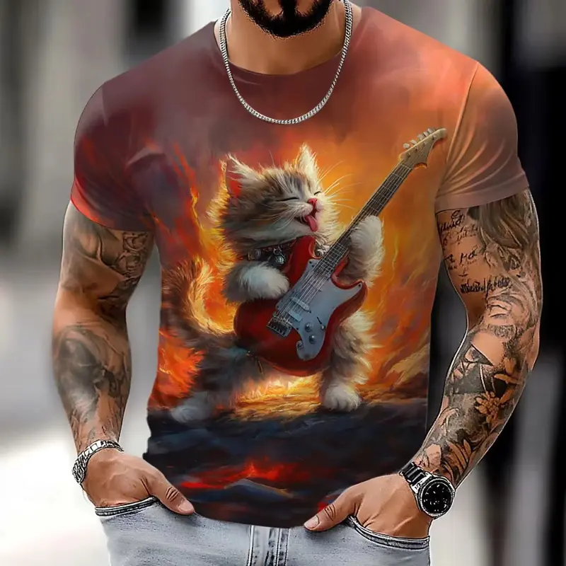 Summer Funny Cat Graphic T Shirt Men Outdoor Leisure Round Neck Short-sleeved Tops 3D Printed Loose Men's Clothing Harajuku Tees