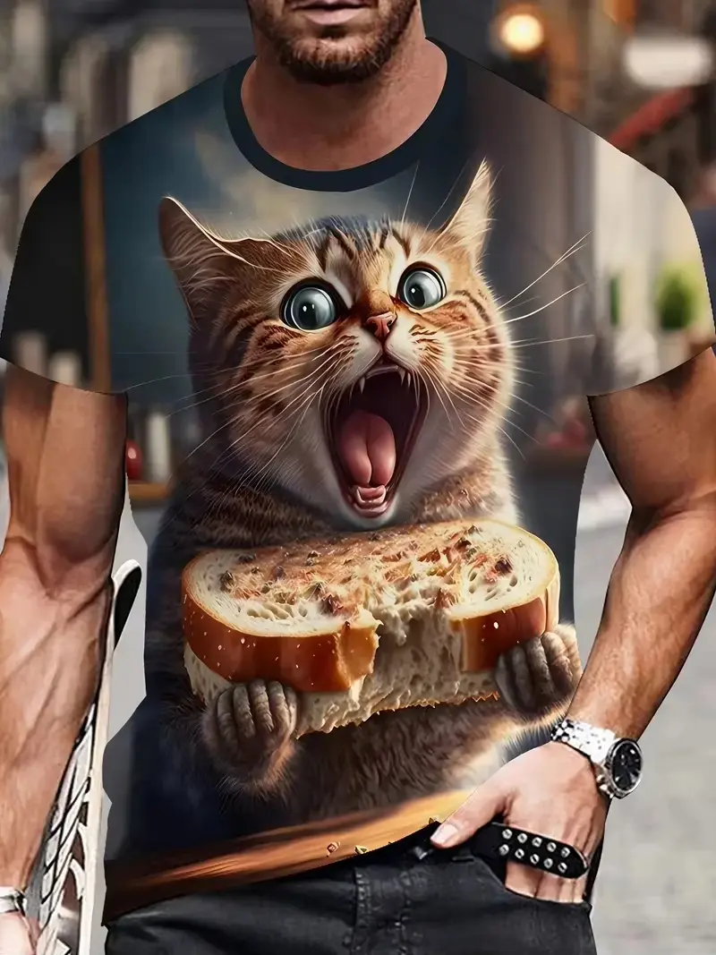 Summer Funny Cat Graphic T Shirt Men Outdoor Leisure Round Neck Short-sleeved Tops 3D Printed Loose Men's Clothing Harajuku Tees