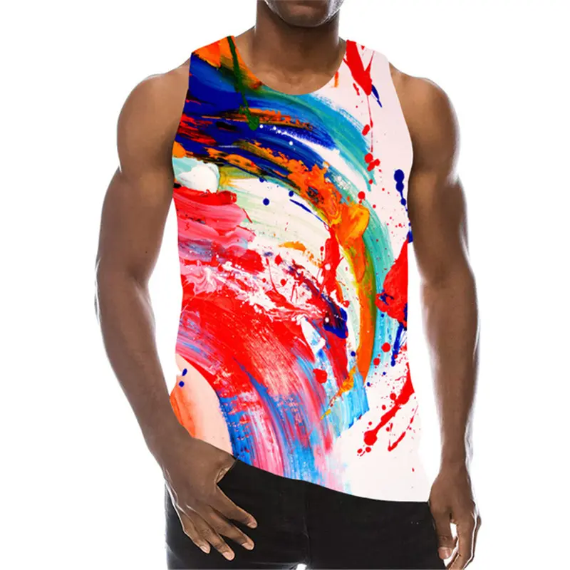 3D Gradient Tie-dye Graffiti Men's Tank Tops Summer Error Bloody Eye Print Sleeveless T-shirt Loose Casual  Sports Male Vest