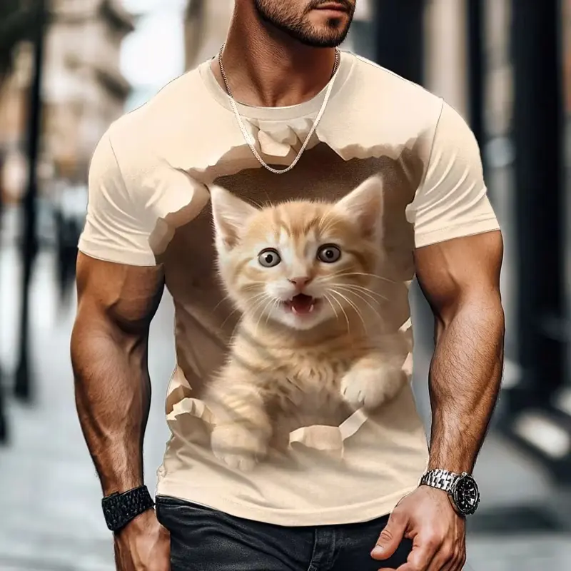 Summer Funny Cat Graphic T Shirt Men Outdoor Leisure Round Neck Short-sleeved Tops 3D Printed Loose Men's Clothing Harajuku Tees