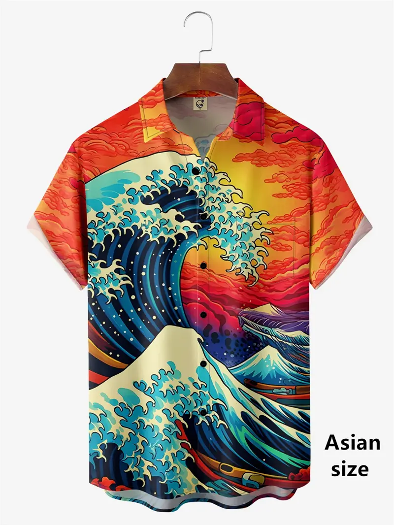 Japanese Style Ukiyoe Wave 3D Print Men Casual Hawaiian Shirts Summer Fashion Shirt For Man Street Button Short Sleeves Clothes