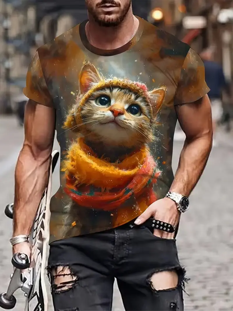 Summer Funny Cat Graphic T Shirt Men Outdoor Leisure Round Neck Short-sleeved Tops 3D Printed Loose Men's Clothing Harajuku Tees