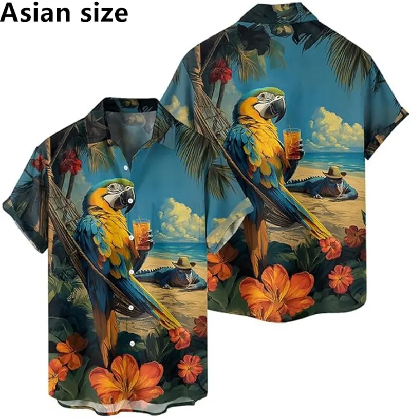 New Men's Shirts Parrot 3d Print Shirts Men Fashion Hawaiian Beach Shirt Beach Blouses Short Sleeve Unisex Vacation Lapel Shirt