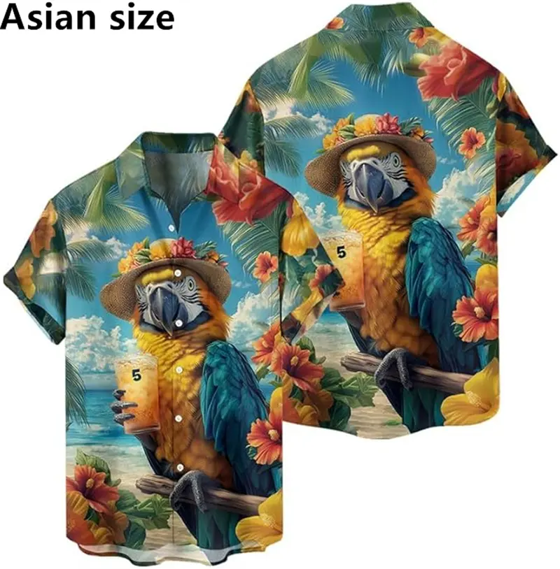 New Men's Shirts Parrot 3d Print Shirts Men Fashion Hawaiian Beach Shirt Beach Blouses Short Sleeve Unisex Vacation Lapel Shirt