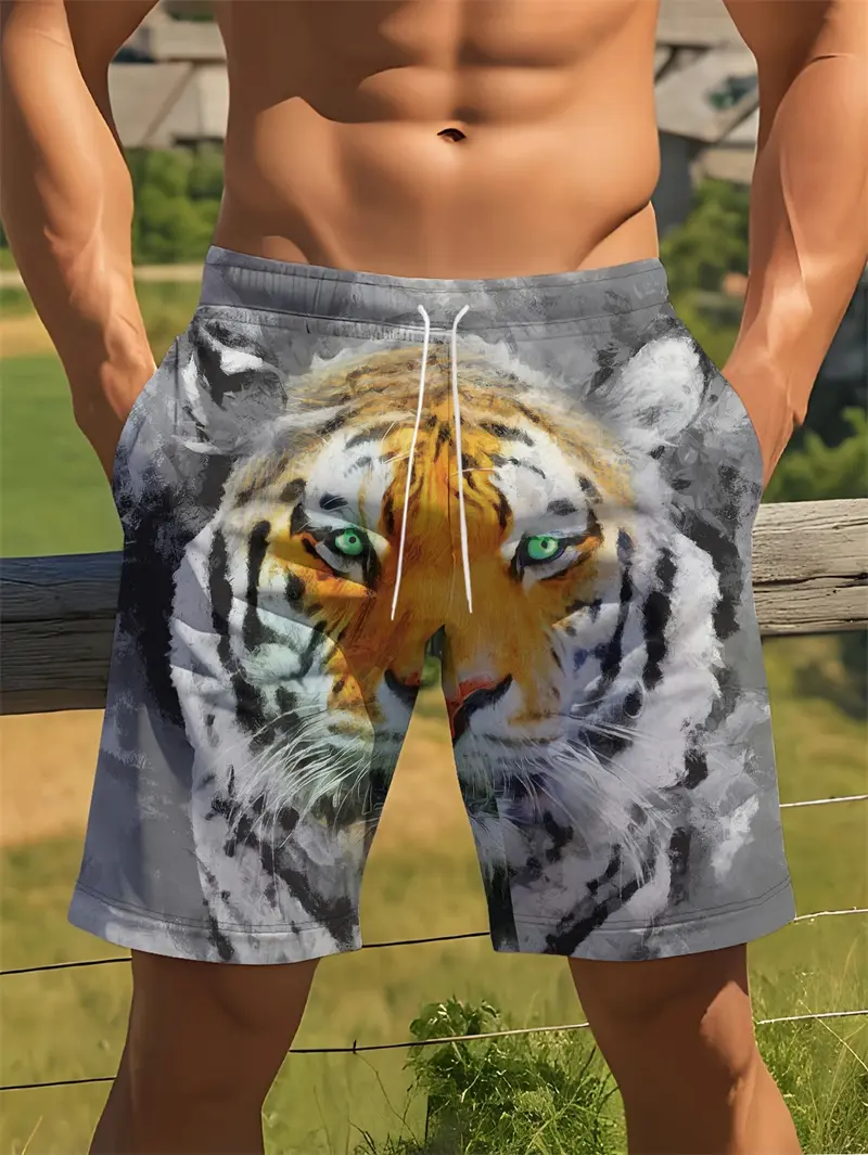 2025 New Men Beach Short Summer Fashion Quick Drying Sports Shorts Tiger Graphic 3D Printed Breathable Casual Swimming Trunks