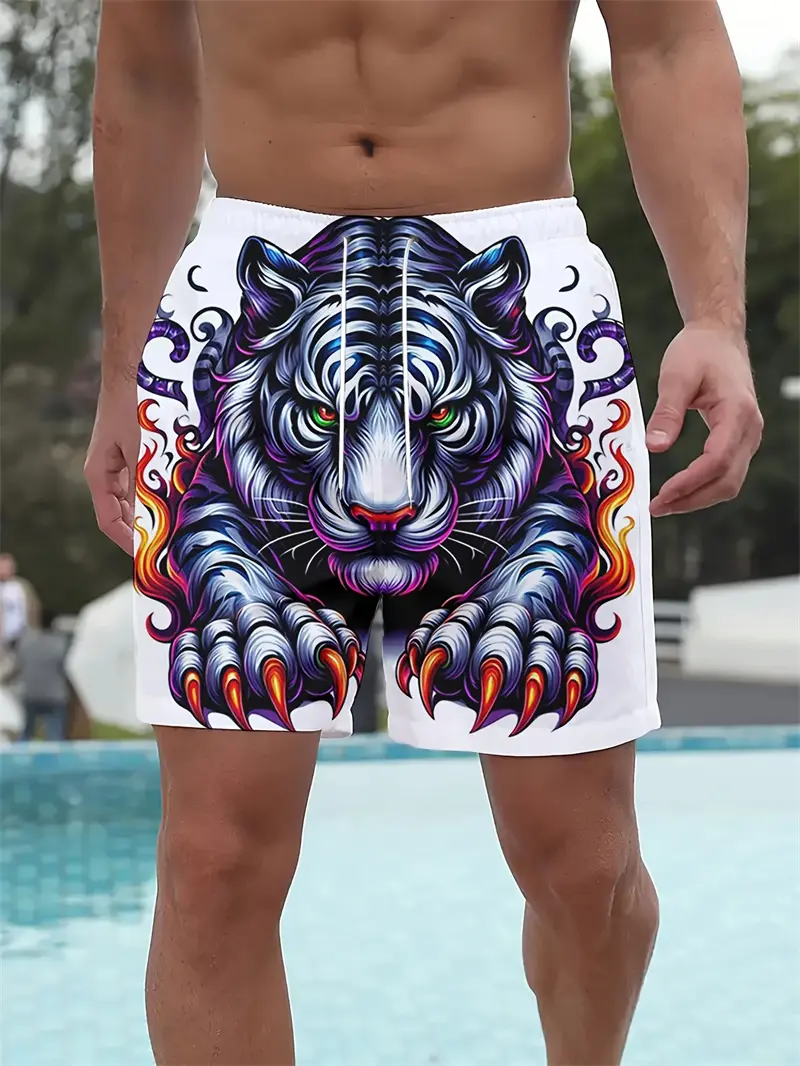 2025 New Men Beach Short Summer Fashion Quick Drying Sports Shorts Tiger Graphic 3D Printed Breathable Casual Swimming Trunks