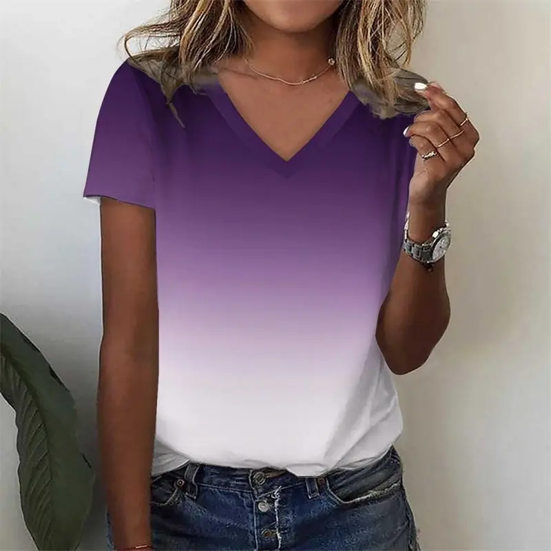 3d Printed Women's T-shirt Simple Gradient Color V-neck Tops Summer Retro Harajuku Ladies T-shirt Loose Clothing Polyester Tops